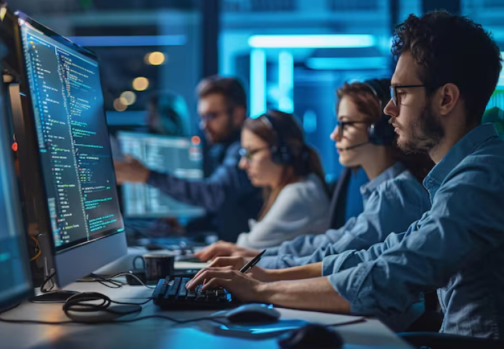 Software engineering team working in a technical operations room