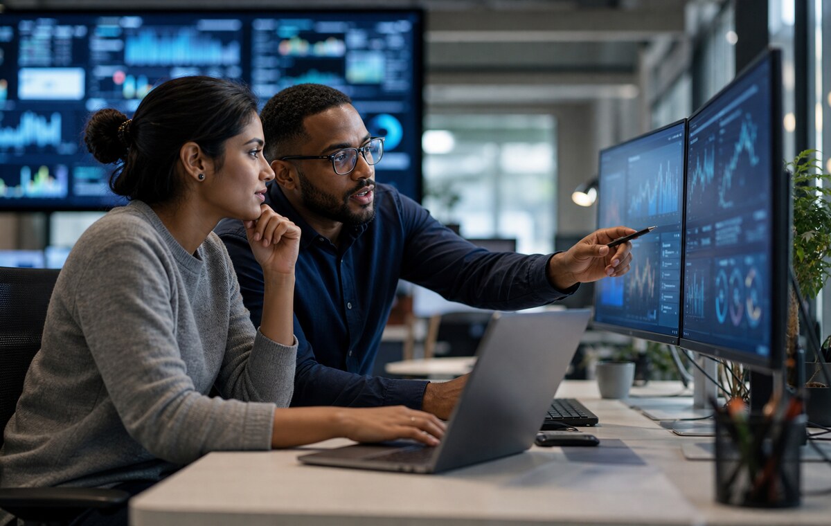 Data and AI specialists reviewing analytics work