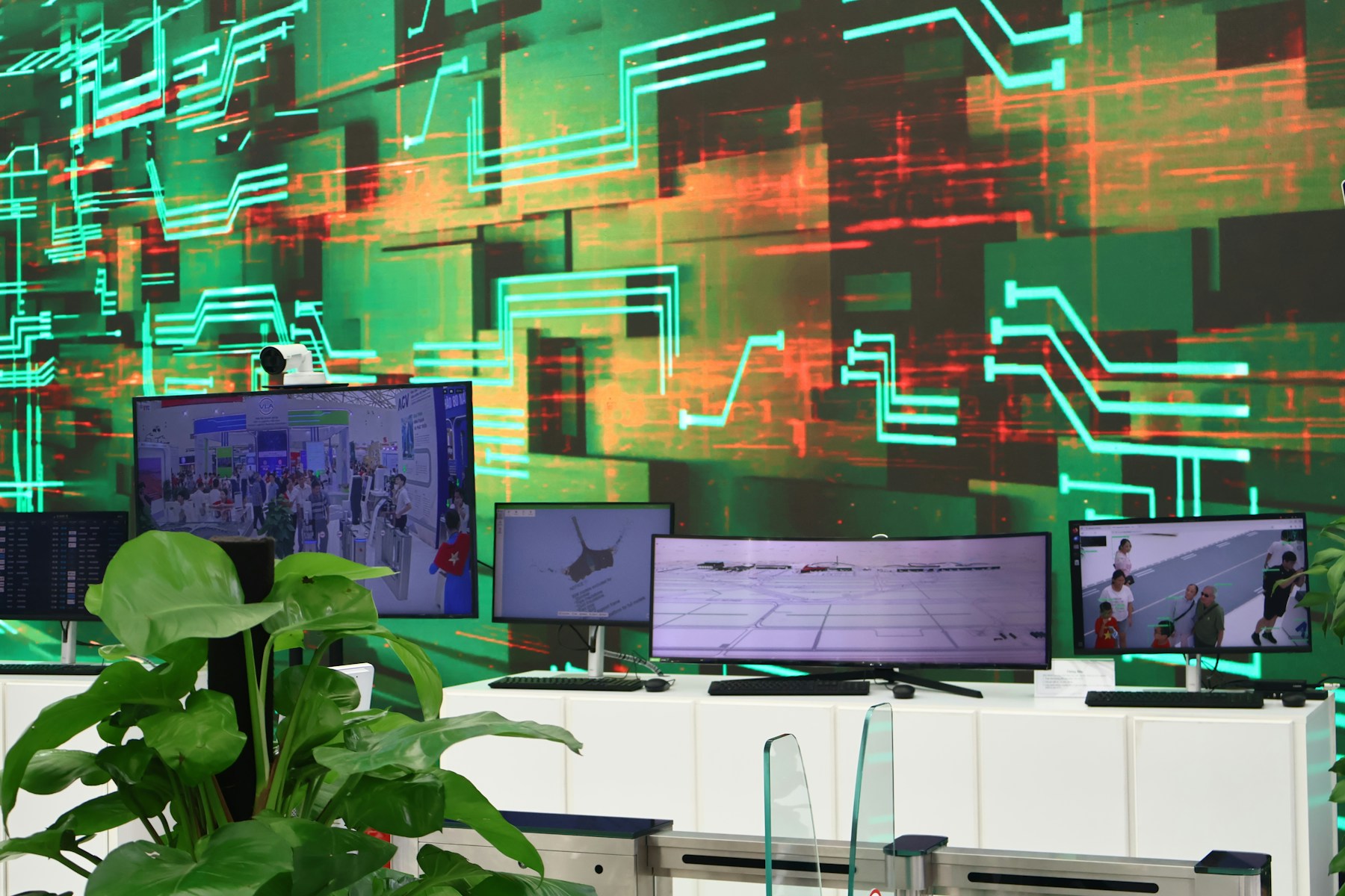 Digital data displays representing AI and analytics systems